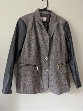 MICHAEL Michael Kors Brown Herringbone Blazer with Black Faux Leather Sleeves